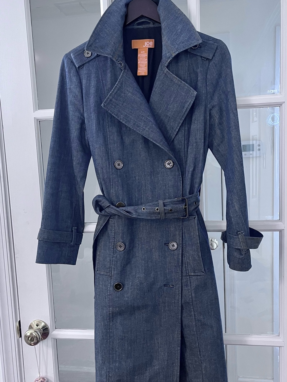 Joe Fresh Fully Lined Dark Indigo Denim Trench Coat, self-belt, double breasted